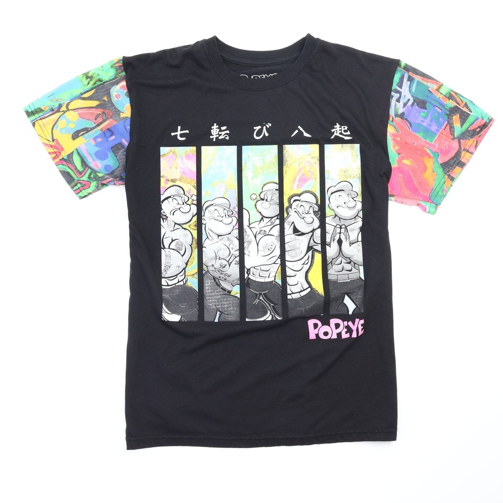 Popeye Kanji Graphic T‑Shirt Black Graffiti Sleeve Anime Style Men's Medium